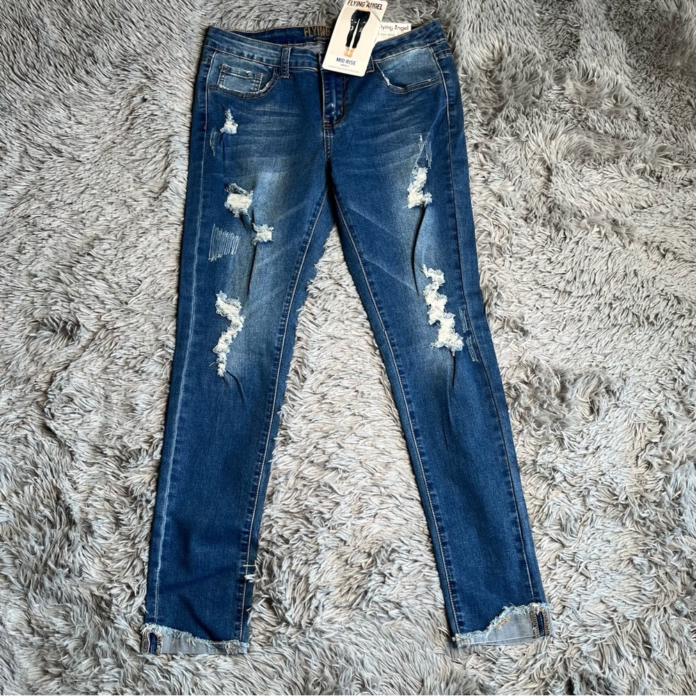 Flying Angel Jeans Womens Size 7 Mid Rise Ankle Fray Cuff NWT Distressed